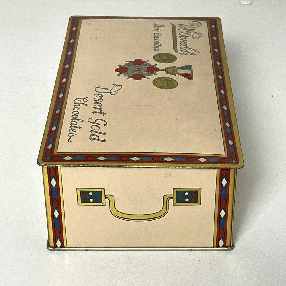 Vintage Chocolate Tin Box Hinged Lid J G McDonald's Paris Exposition Desert Gold